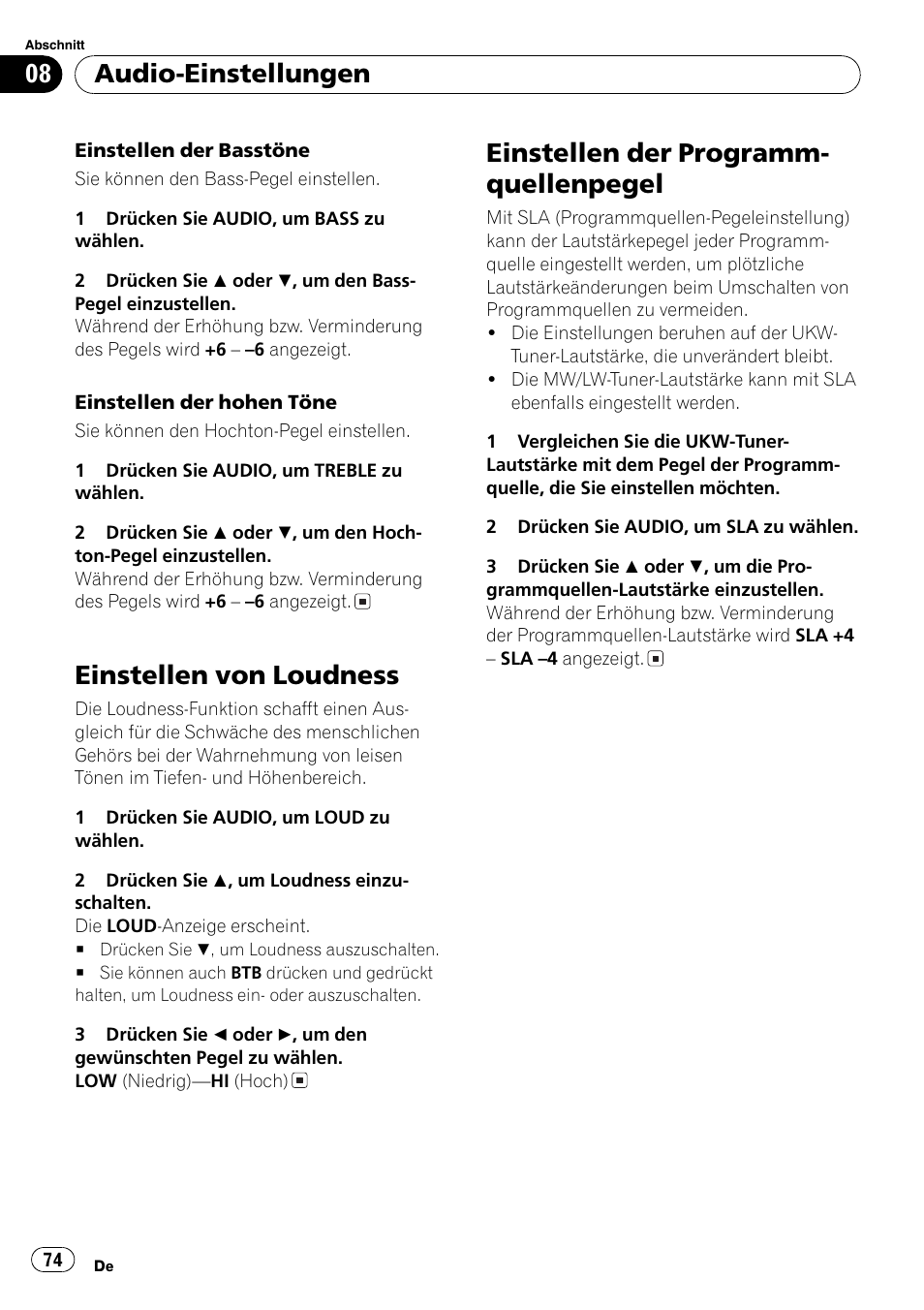Einstellen von loudness 74, Einstellen der programmquellenpegel 74, Einstellen von loudness | Einstellen der programm- quellenpegel, Audio-einstellungen | Pioneer DEH-3730MP User Manual | Page 74 / 84