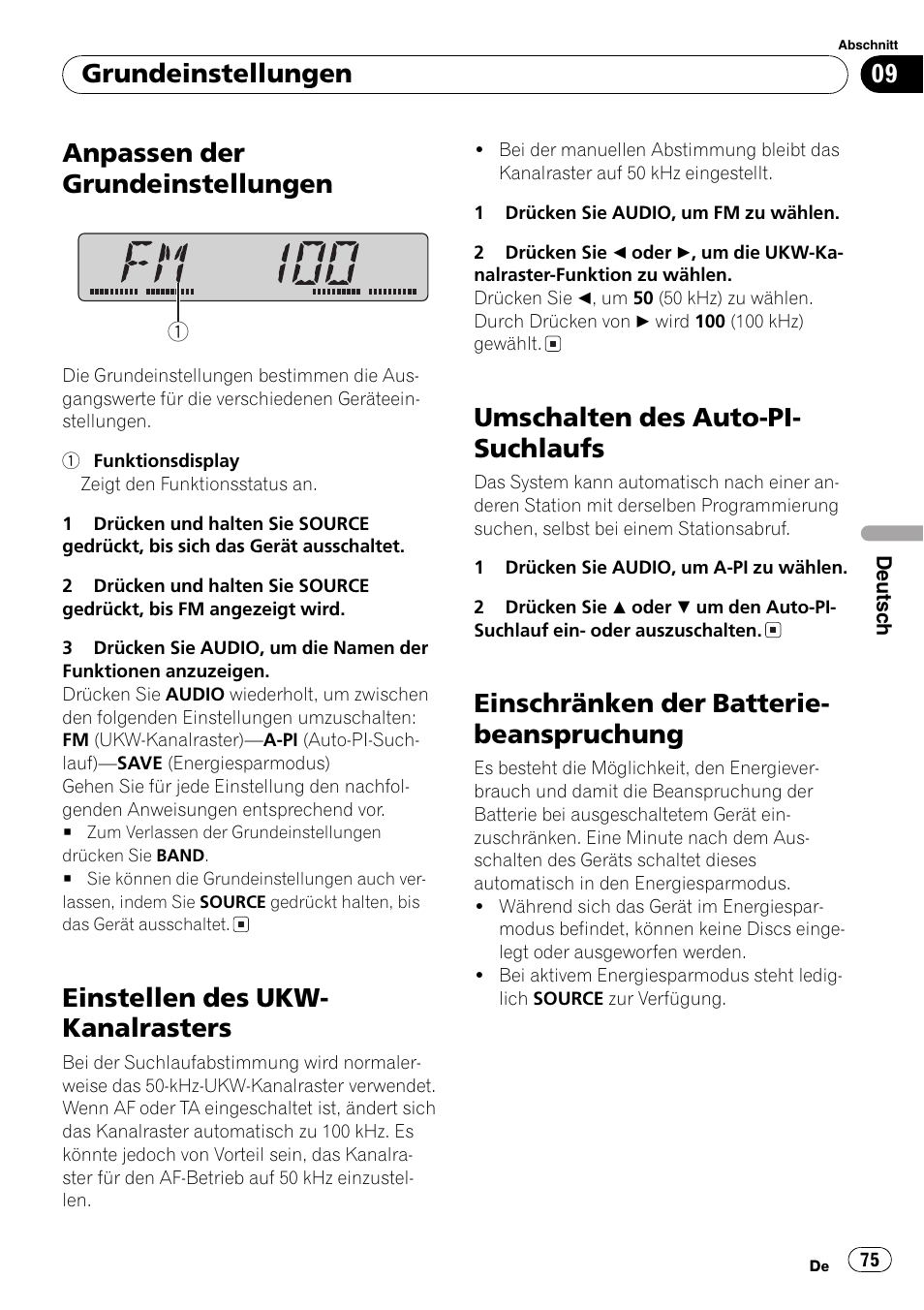 Grundeinstellungen, Anpassen der grundeinstellungen 75, Einstellen des ukw-kanalrasters 75 | Umschalten des auto-pi-suchlaufs 75, Einschränken der, Batteriebeanspruchung 75, Anpassen der grundeinstellungen, Einstellen des ukw- kanalrasters, Umschalten des auto-pi- suchlaufs, Einschränken der batterie- beanspruchung | Pioneer DEH-3730MP User Manual | Page 75 / 84