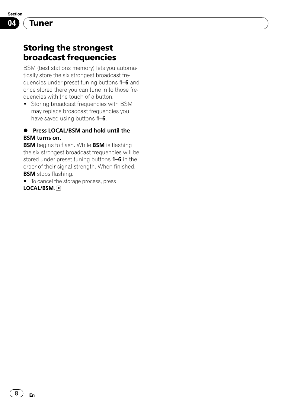 Storing the strongest broadcast, Frequencies 8, Storing the strongest broadcast frequencies | Tuner | Pioneer DEH-3730MP User Manual | Page 8 / 84