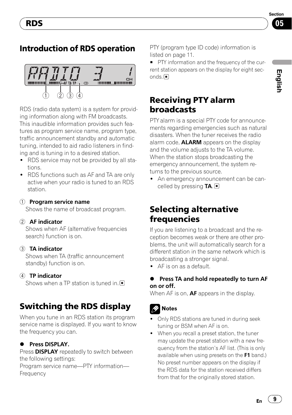 Introduction of rds operation 9, Switching the rds display 9, Receiving pty alarm broadcasts 9 | Selecting alternative frequencies 9, Introduction of rds operation, Switching the rds display, Receiving pty alarm broadcasts, Selecting alternative frequencies | Pioneer DEH-3730MP User Manual | Page 9 / 84