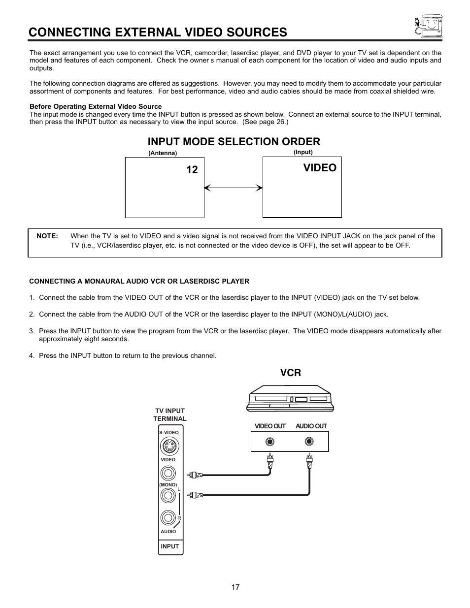 Connecting external video sources, 12 video input mode selection order | Pioneer 53SBX59B User Manual | Page 17 / 72
