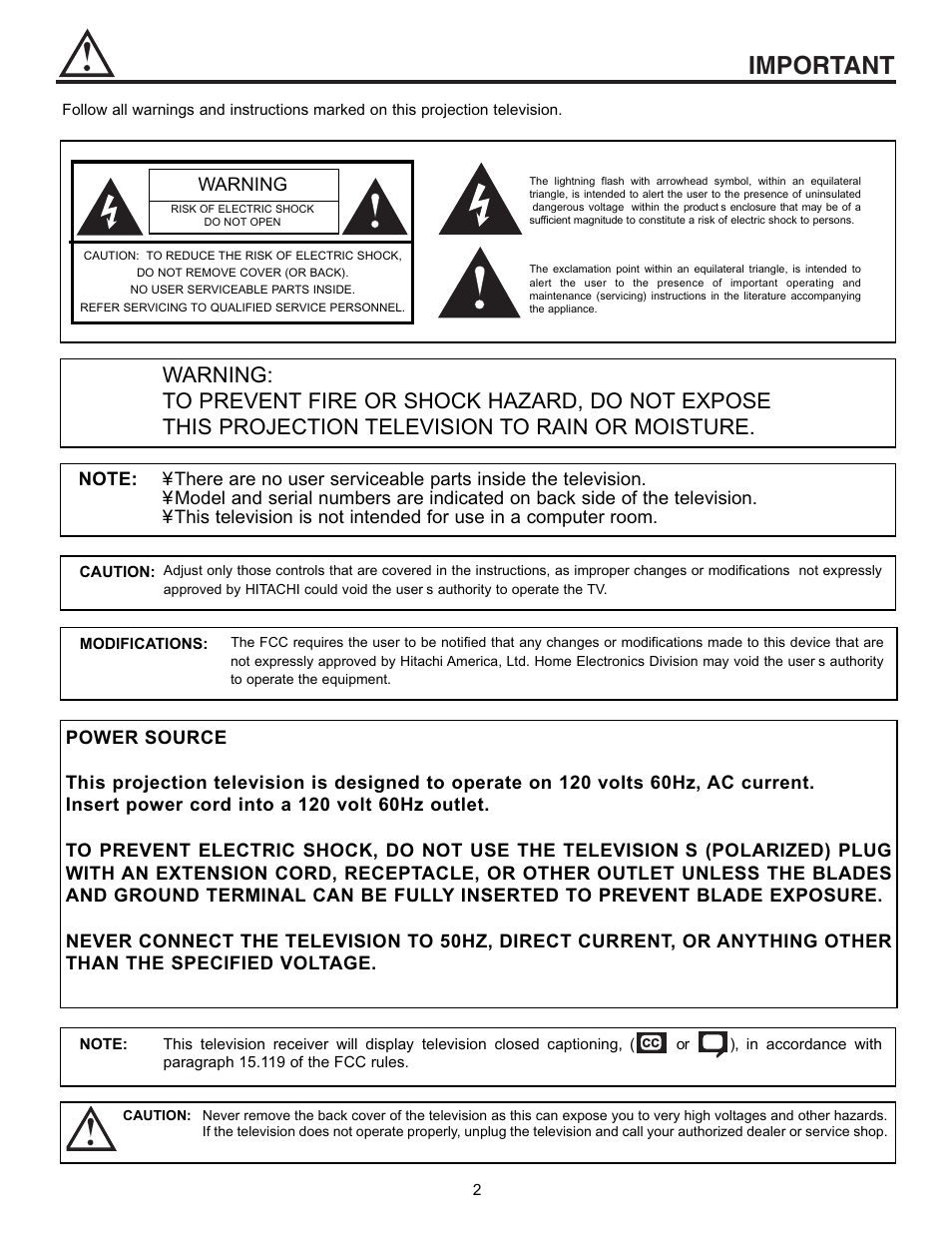 Important, Warning | Pioneer 53SBX59B User Manual | Page 2 / 72