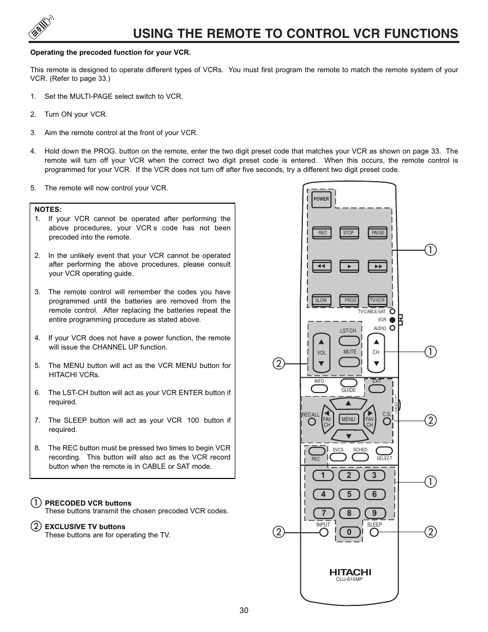 Using the remote to control vcr functions, ቢባ ባ ባ ባ | Pioneer 53SBX59B User Manual | Page 30 / 72
