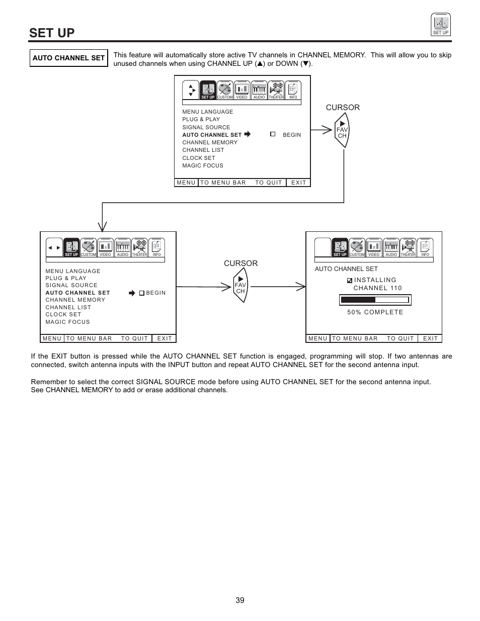 Set up, Cursor | Pioneer 53SBX59B User Manual | Page 39 / 72