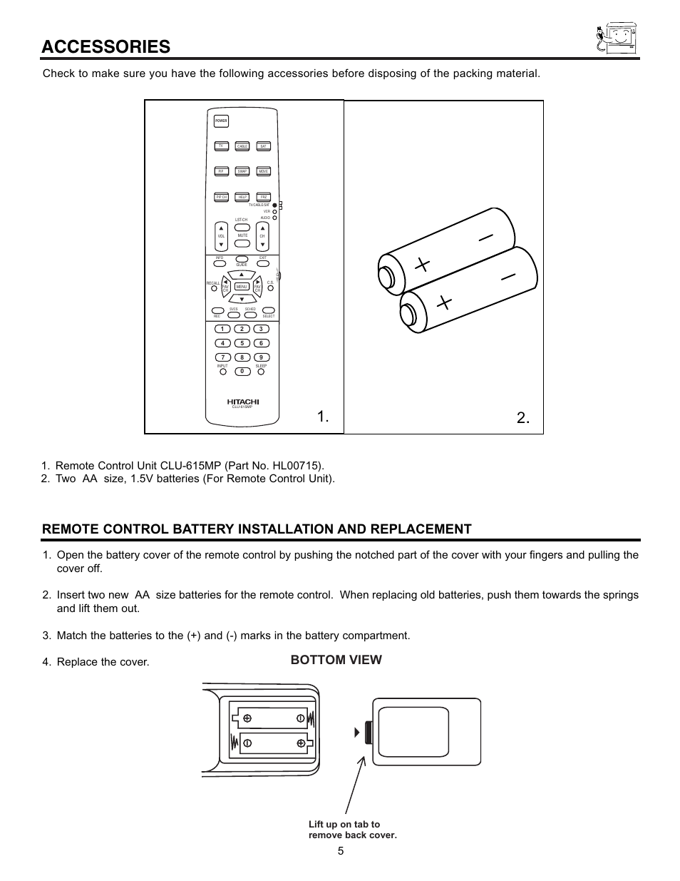 Accessories, Bottom view, Lift up on tab to remove back cover | Pioneer 53SBX59B User Manual | Page 5 / 72