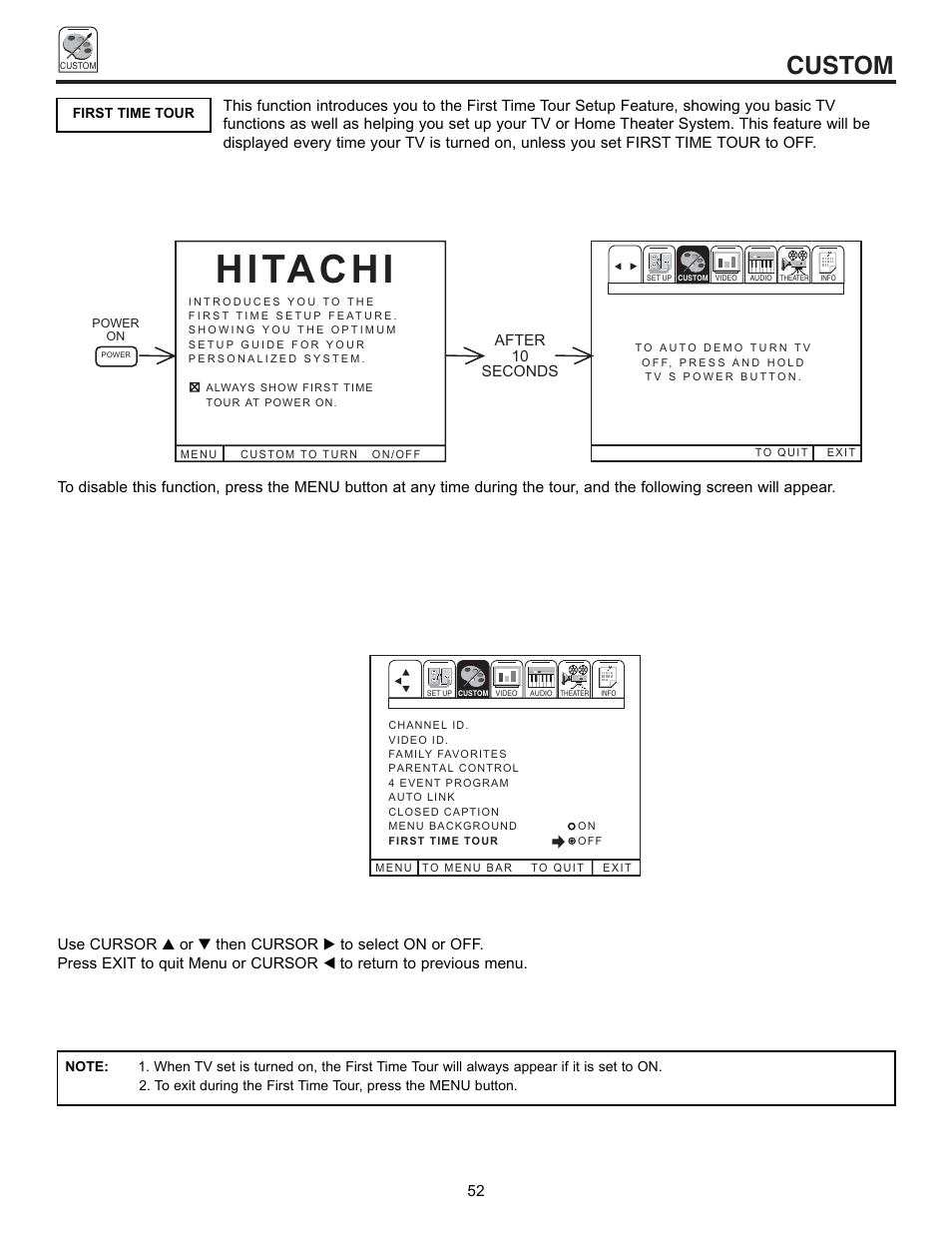 H i ta c h i, Custom | Pioneer 53SBX59B User Manual | Page 52 / 72