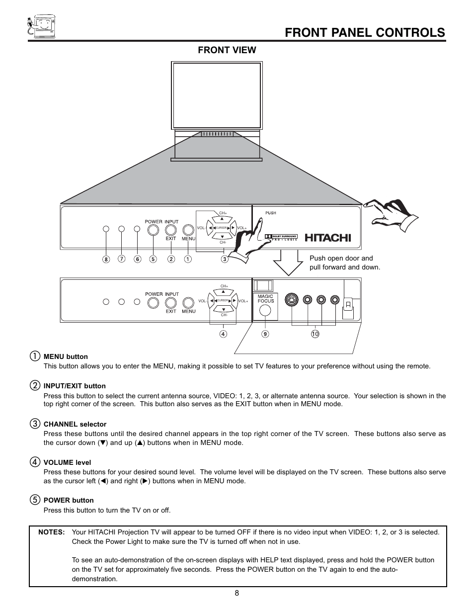 Front panel controls, Front view | Pioneer 53SBX59B User Manual | Page 8 / 72