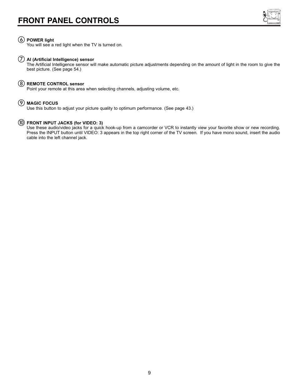 Front panel controls | Pioneer 53SBX59B User Manual | Page 9 / 72
