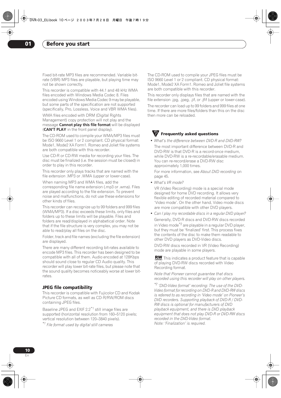 Before you start 01 | Pioneer DVR-3100 User Manual | Page 10 / 108