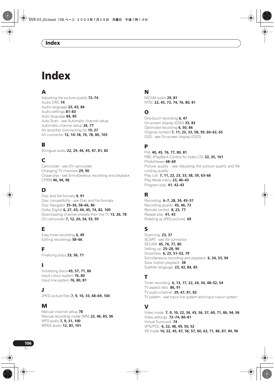 Index | Pioneer DVR-3100 User Manual | Page 106 / 108