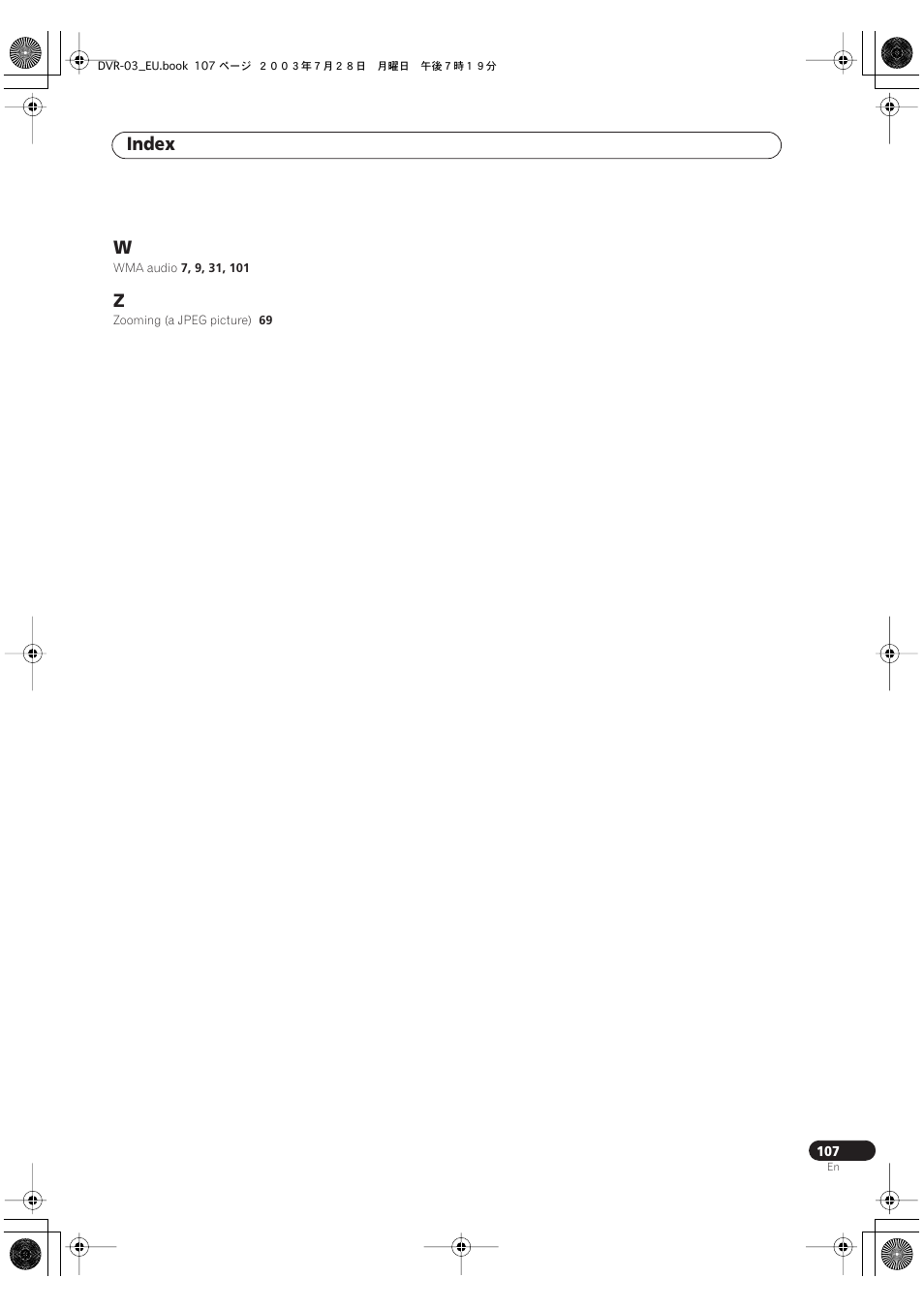 Index | Pioneer DVR-3100 User Manual | Page 107 / 108