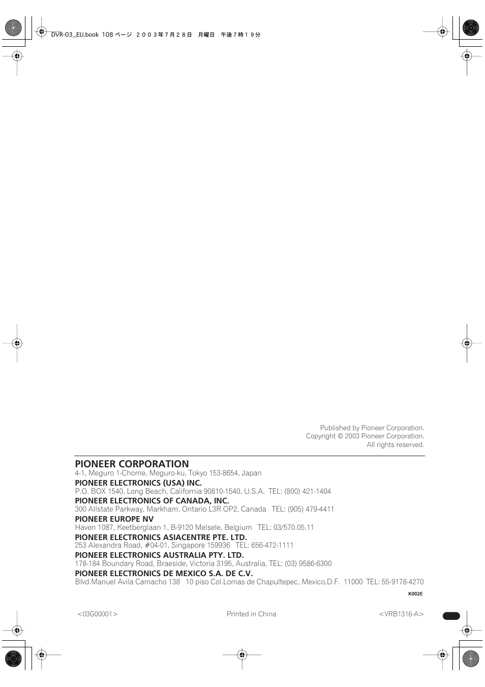 Pioneer corporation | Pioneer DVR-3100 User Manual | Page 108 / 108