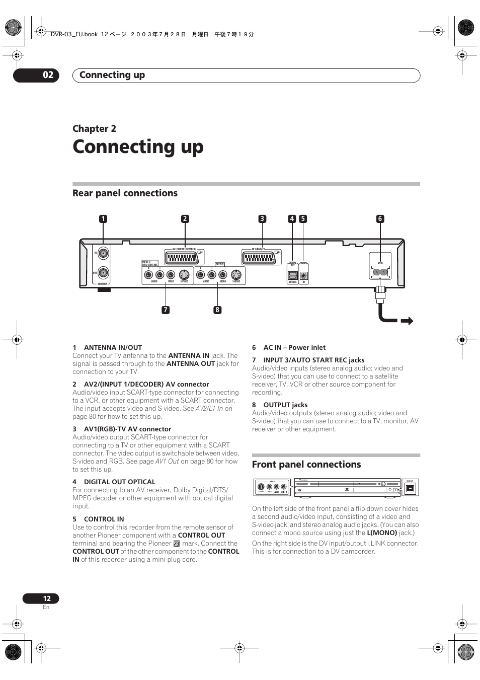 02 connecting up, Rear panel connections, Front panel connections | Connecting up, Connecting up 02, Chapter 2 | Pioneer DVR-3100 User Manual | Page 12 / 108