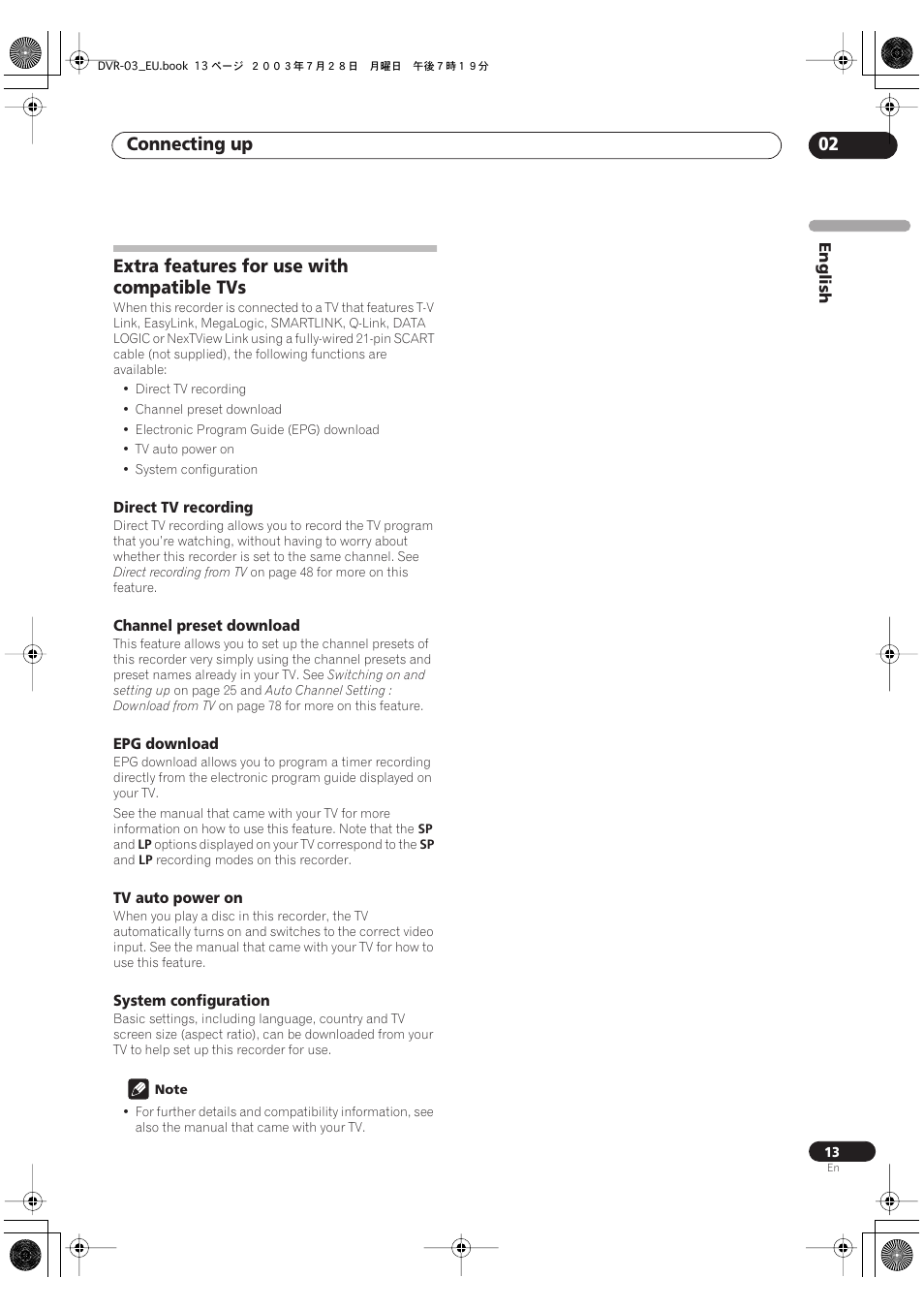 Extra features for use with compatible tvs, Connecting up 02 | Pioneer DVR-3100 User Manual | Page 13 / 108