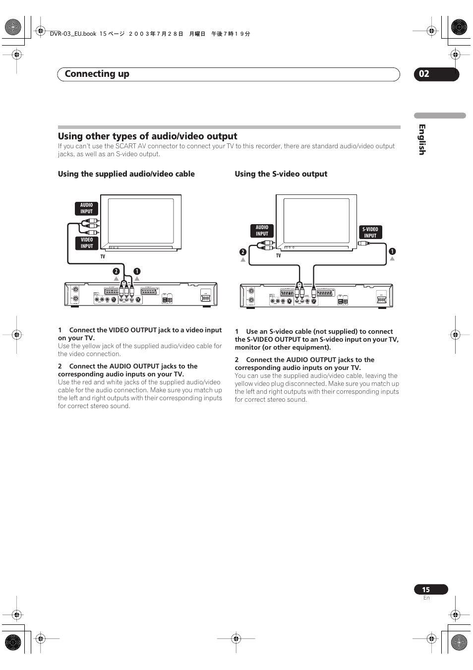 Using other types of audio/video output, Connecting up 02, English | Using the supplied audio/video cable, Using the s-video output | Pioneer DVR-3100 User Manual | Page 15 / 108