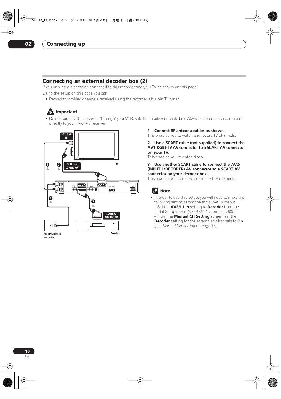 Connecting an external decoder box (2), Connecting up 02 | Pioneer DVR-3100 User Manual | Page 18 / 108
