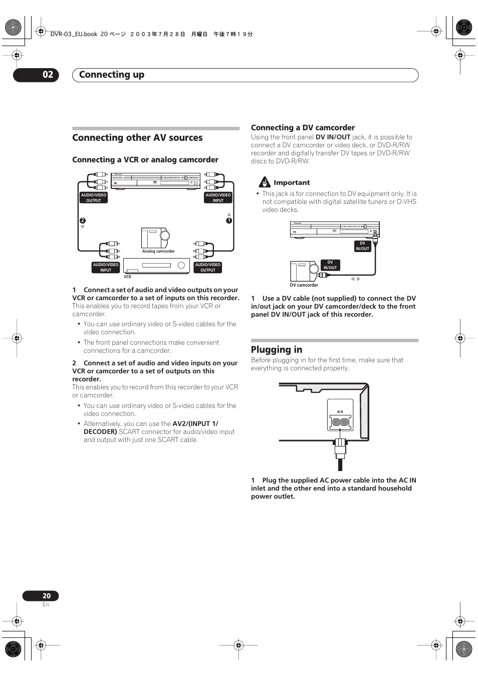 Connecting other av sources, Plugging in, Connecting up 02 | Pioneer DVR-3100 User Manual | Page 20 / 108