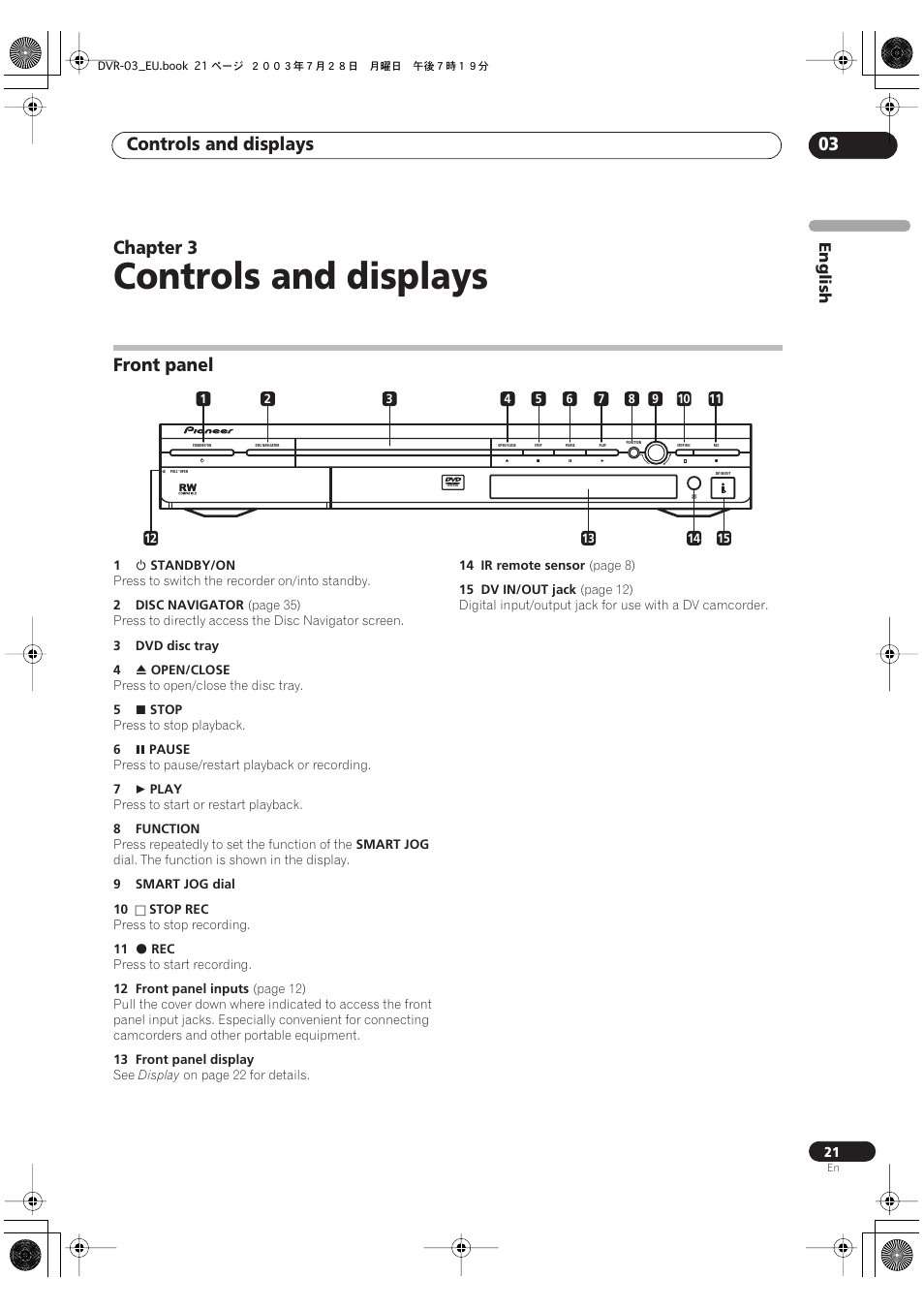 03 controls and displays, Front panel, Controls and displays | Controls and displays 03, Chapter 3 | Pioneer DVR-3100 User Manual | Page 21 / 108