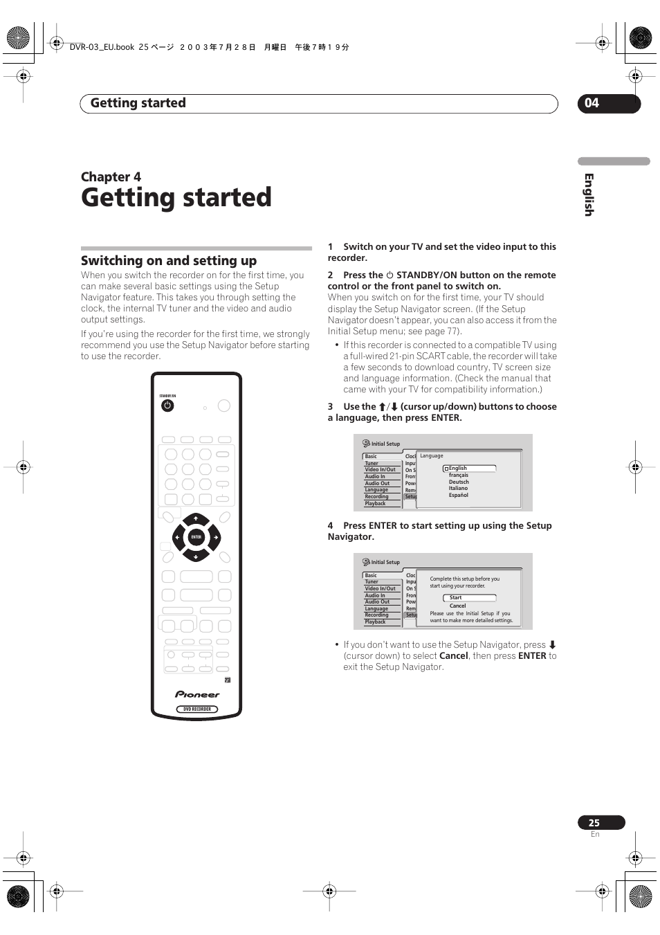 04 getting started, Switching on and setting up, Getting started | Getting started 04, Chapter 4 | Pioneer DVR-3100 User Manual | Page 25 / 108