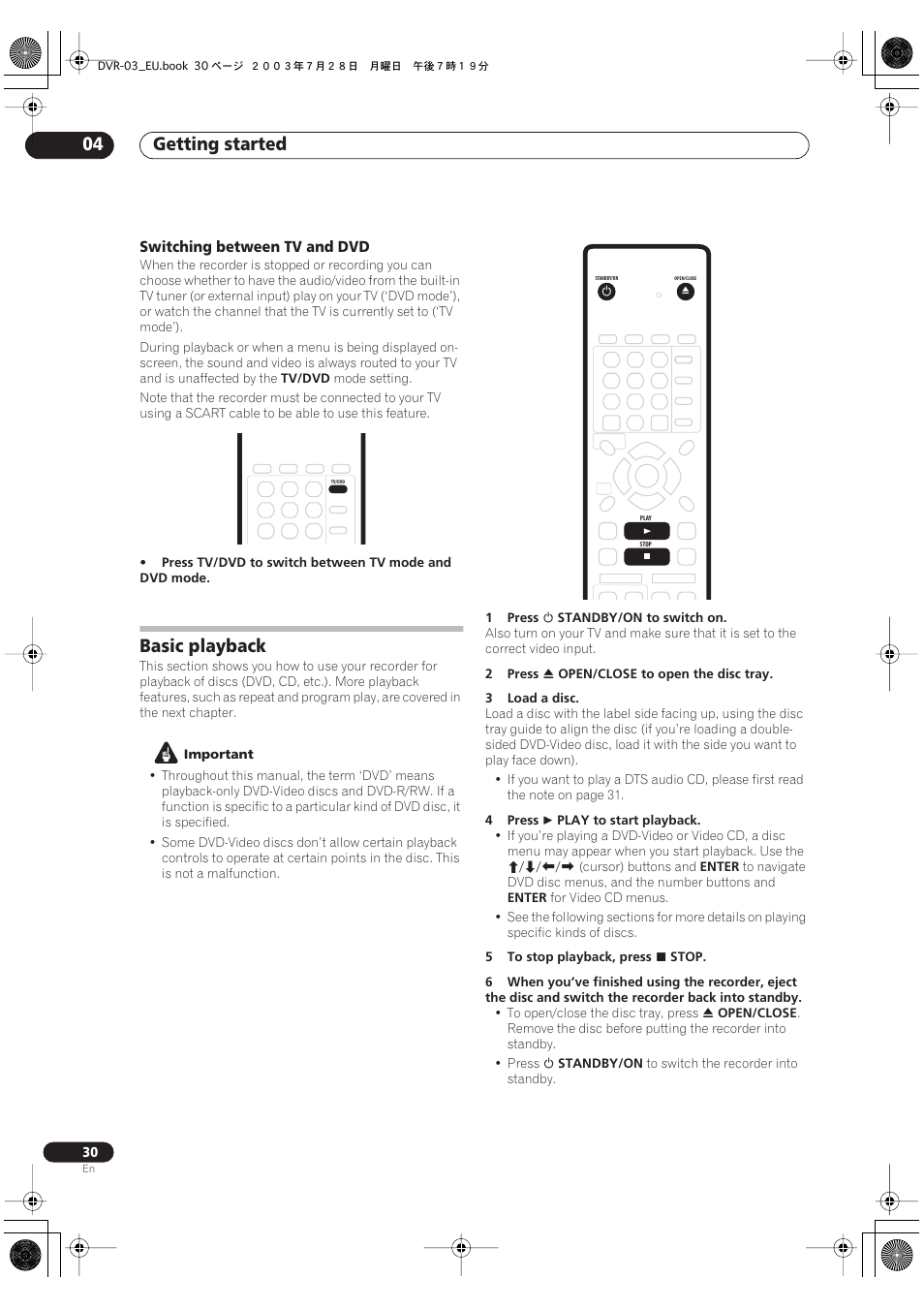Basic playback, Getting started 04 | Pioneer DVR-3100 User Manual | Page 30 / 108