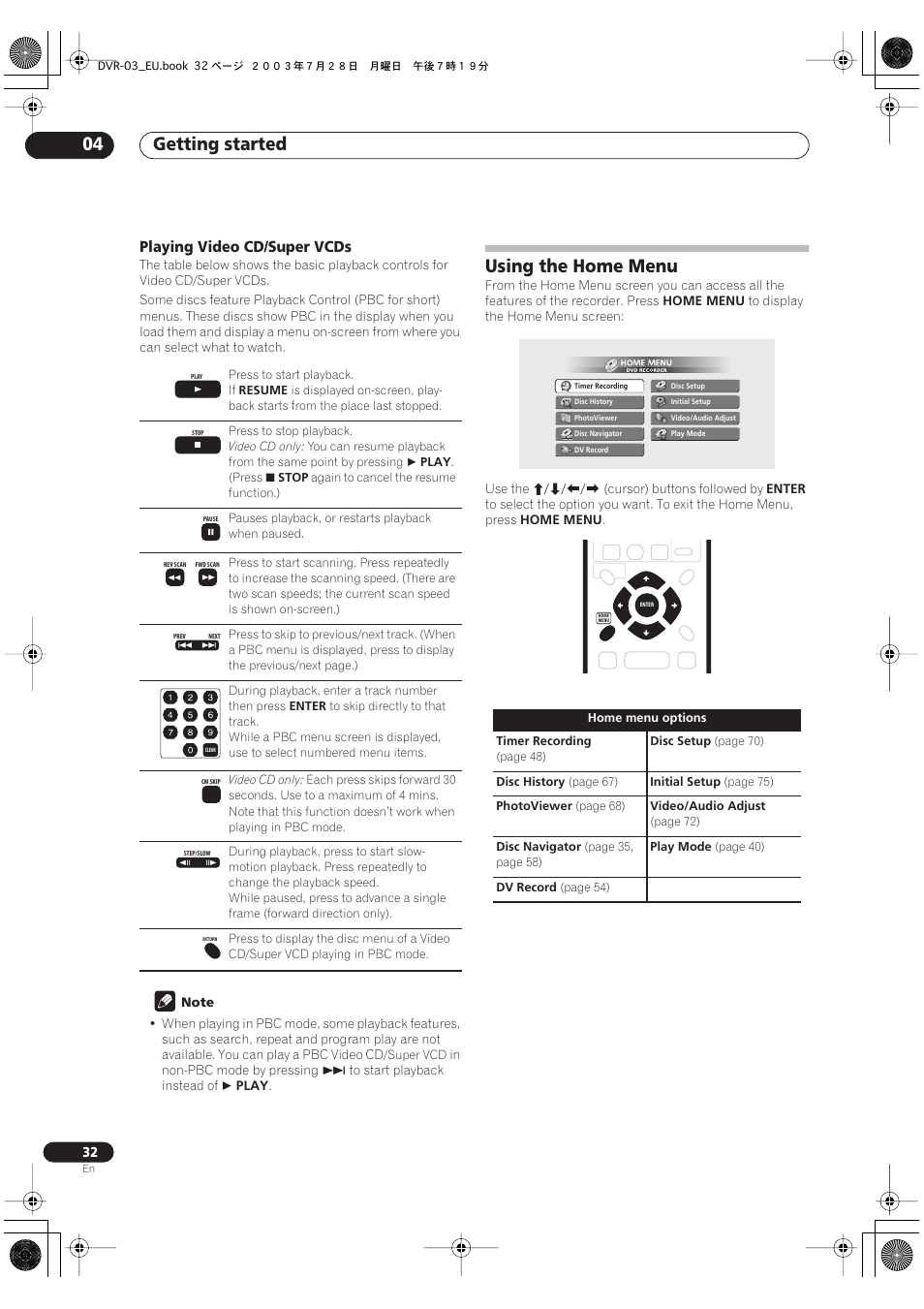 Using the home menu, Getting started 04, Playing video cd/super vcds | Pioneer DVR-3100 User Manual | Page 32 / 108