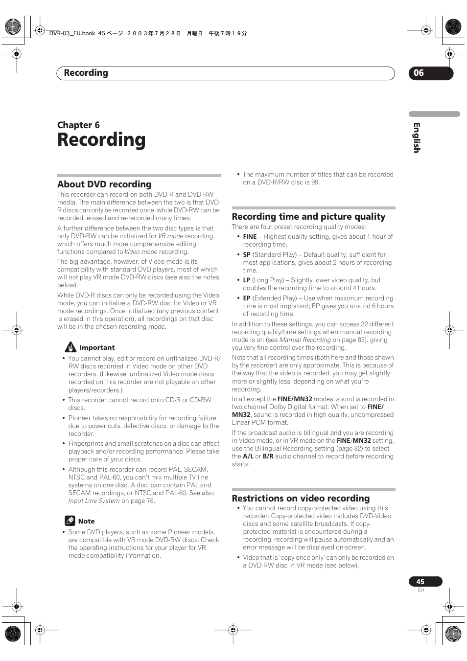 06 recording, About dvd recording, Recording time and picture quality | Restrictions on video recording, Recording, Recording 06, Chapter 6 | Pioneer DVR-3100 User Manual | Page 45 / 108