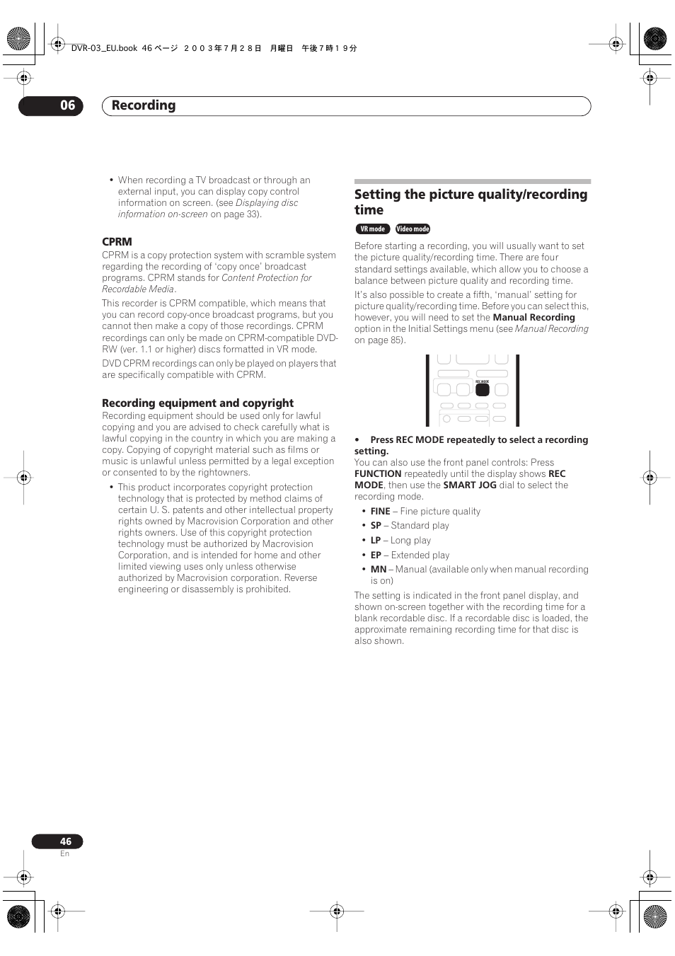 Setting the picture quality/recording time, Recording 06 | Pioneer DVR-3100 User Manual | Page 46 / 108