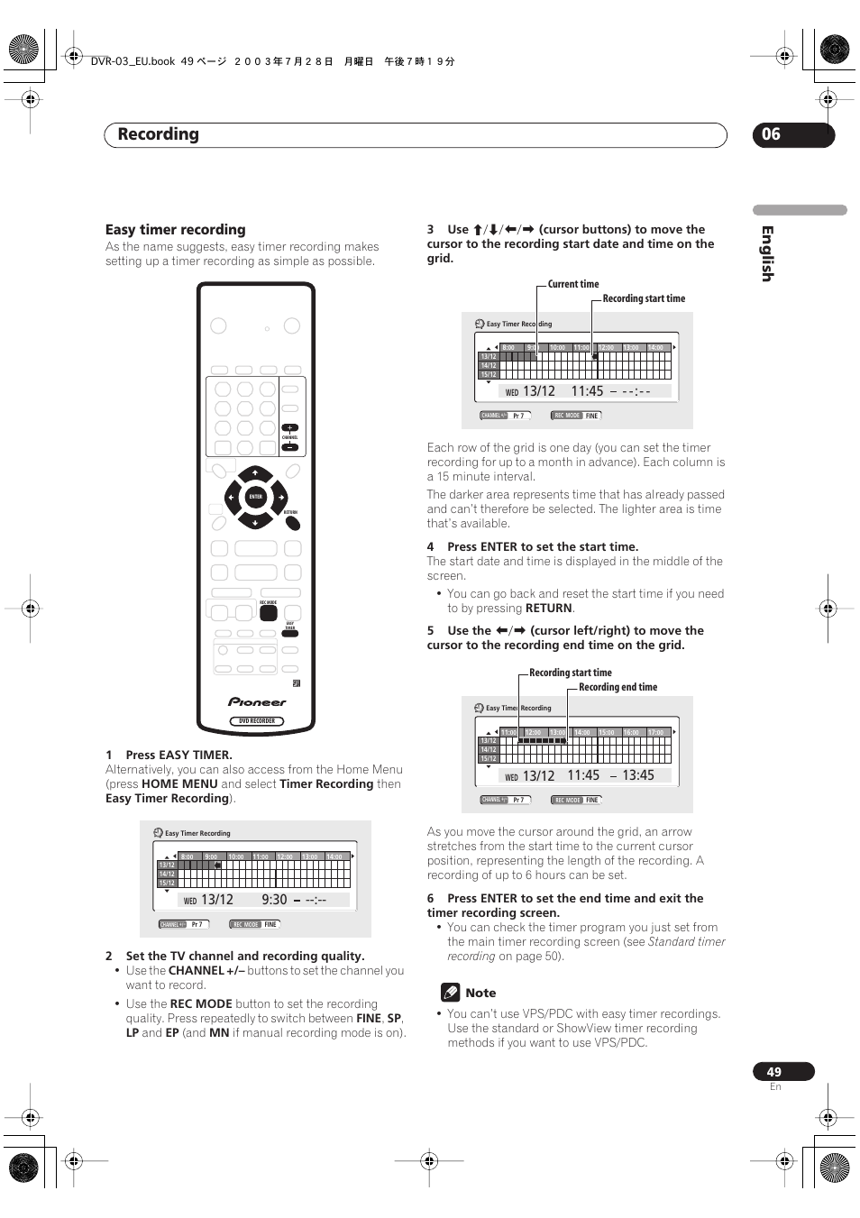 Recording 06, English, Easy timer recording | Pioneer DVR-3100 User Manual | Page 49 / 108