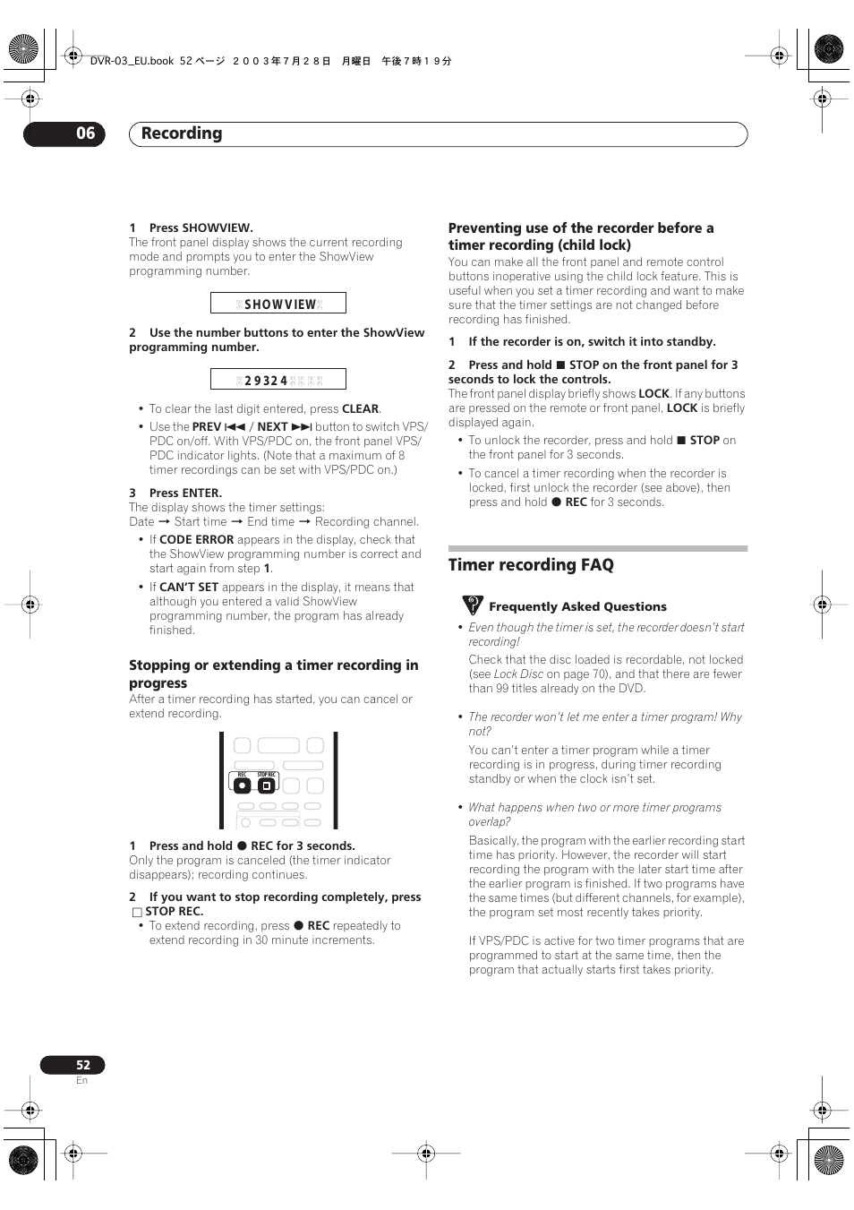 Timer recording faq, Recording 06 | Pioneer DVR-3100 User Manual | Page 52 / 108