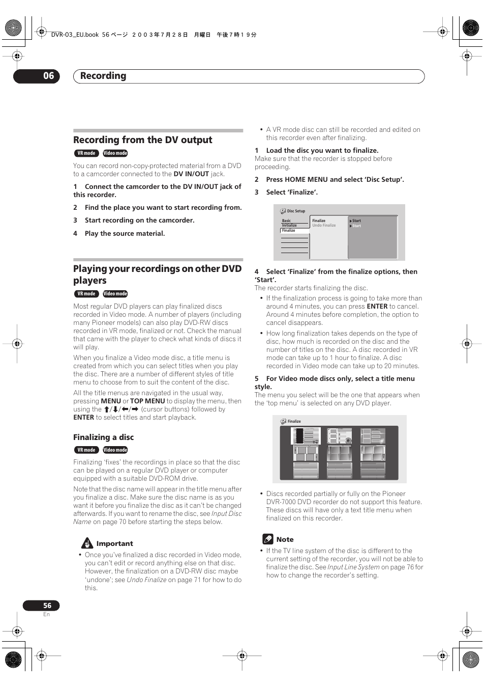 Recording from the dv output, Playing your recordings on other dvd players, Recording 06 | Pioneer DVR-3100 User Manual | Page 56 / 108