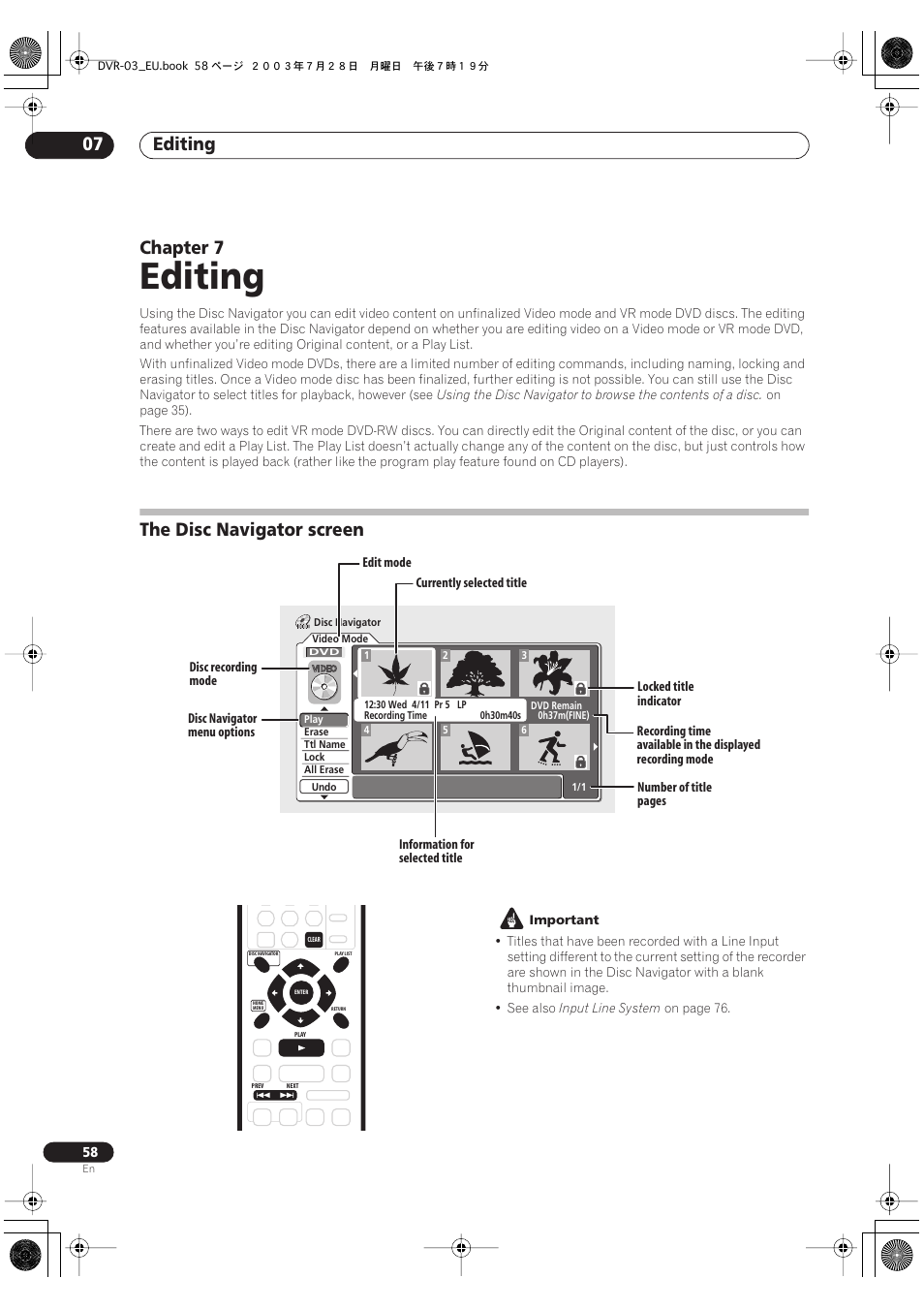 07 editing, The disc navigator screen, Editing | Editing 07, Chapter 7 | Pioneer DVR-3100 User Manual | Page 58 / 108