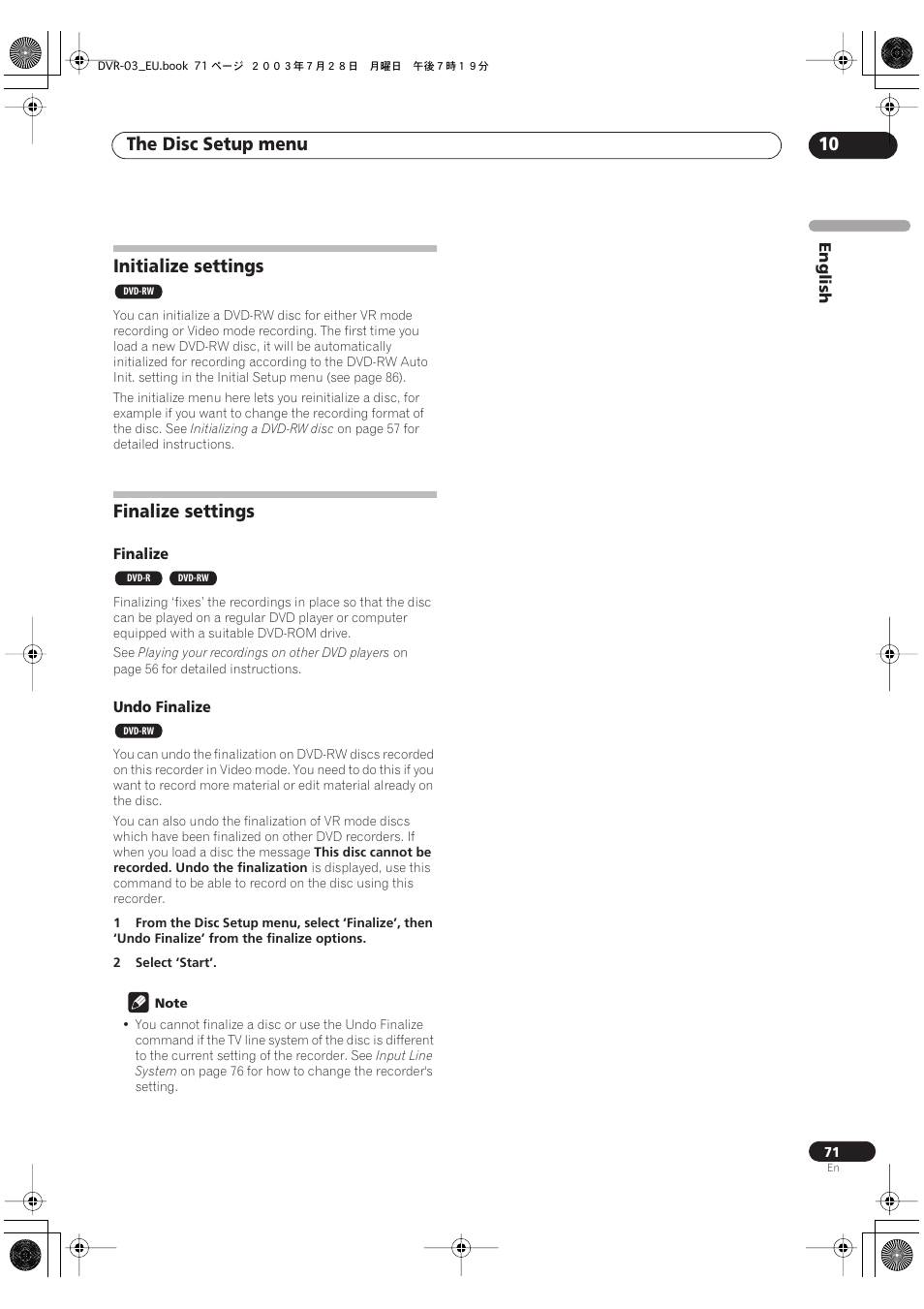 Initialize settings, Finalize settings, The disc setup menu 10 | Pioneer DVR-3100 User Manual | Page 71 / 108