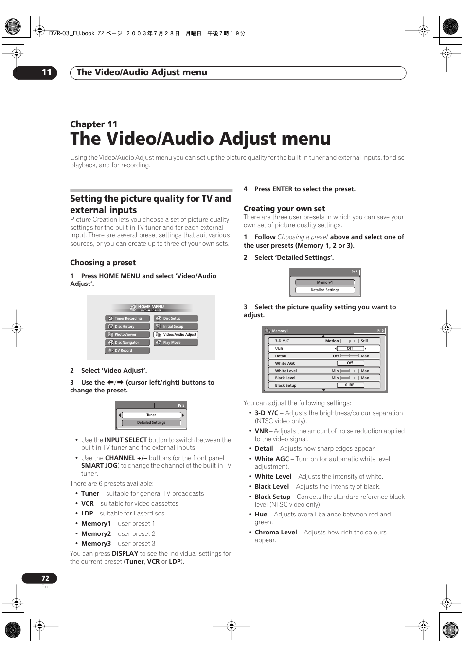 11 the video/audio adjust menu, The video/audio adjust menu, The video/audio adjust menu 11 | Chapter 11 | Pioneer DVR-3100 User Manual | Page 72 / 108