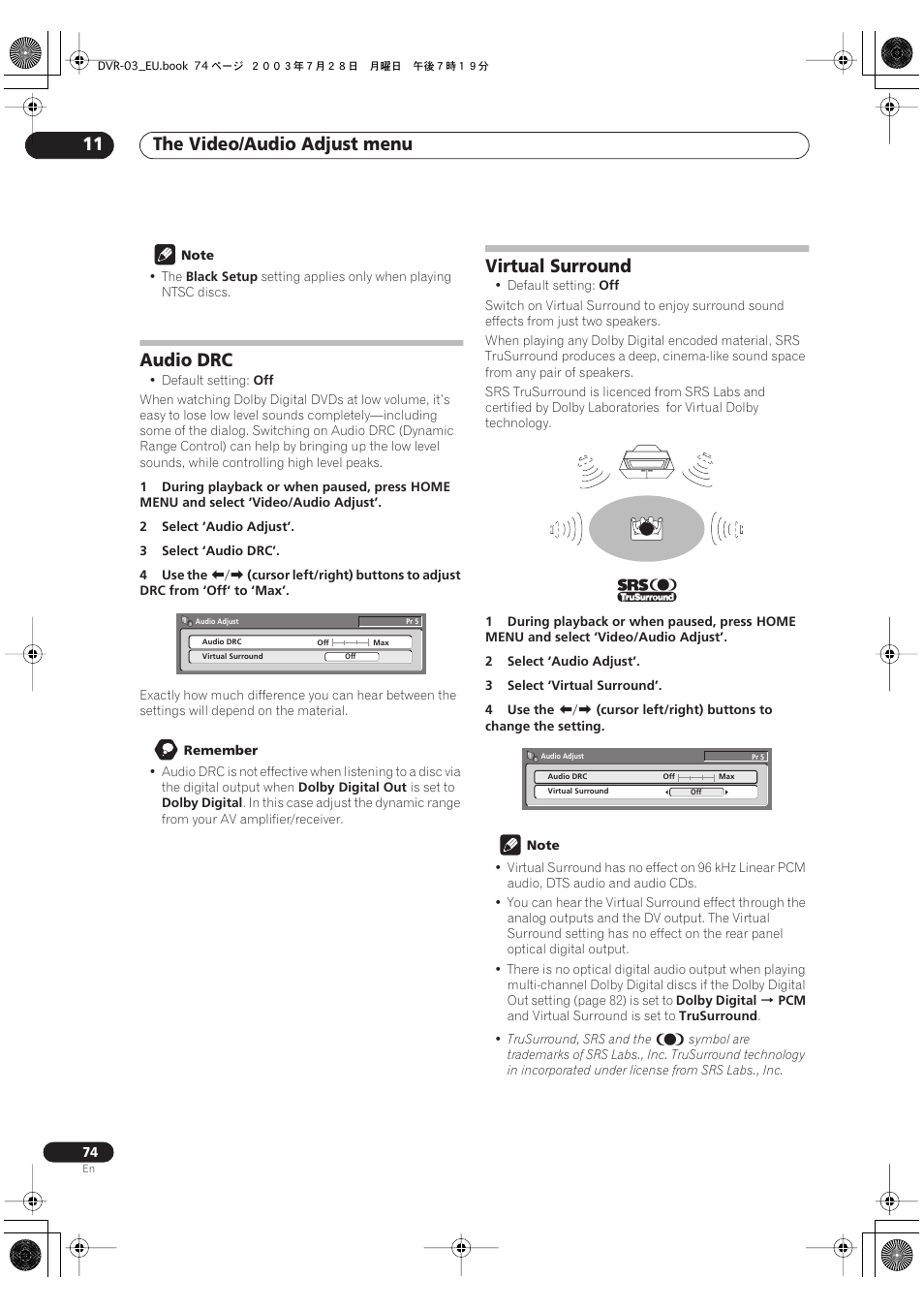 Audio drc, Virtual surround, The video/audio adjust menu 11 | Pioneer DVR-3100 User Manual | Page 74 / 108