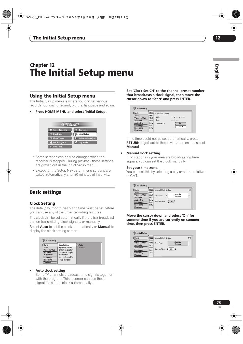 12 the initial setup menu, Using the initial setup menu, Basic settings | The initial setup menu, The initial setup menu 12, Chapter 12, English, Clock setting | Pioneer DVR-3100 User Manual | Page 75 / 108
