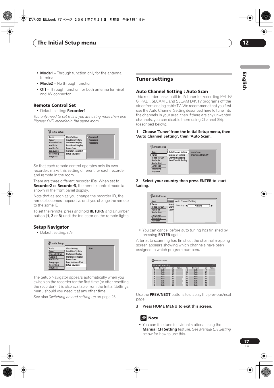 Tuner settings, The initial setup menu 12, English | Remote control set, Setup navigator, Auto channel setting : auto scan | Pioneer DVR-3100 User Manual | Page 77 / 108