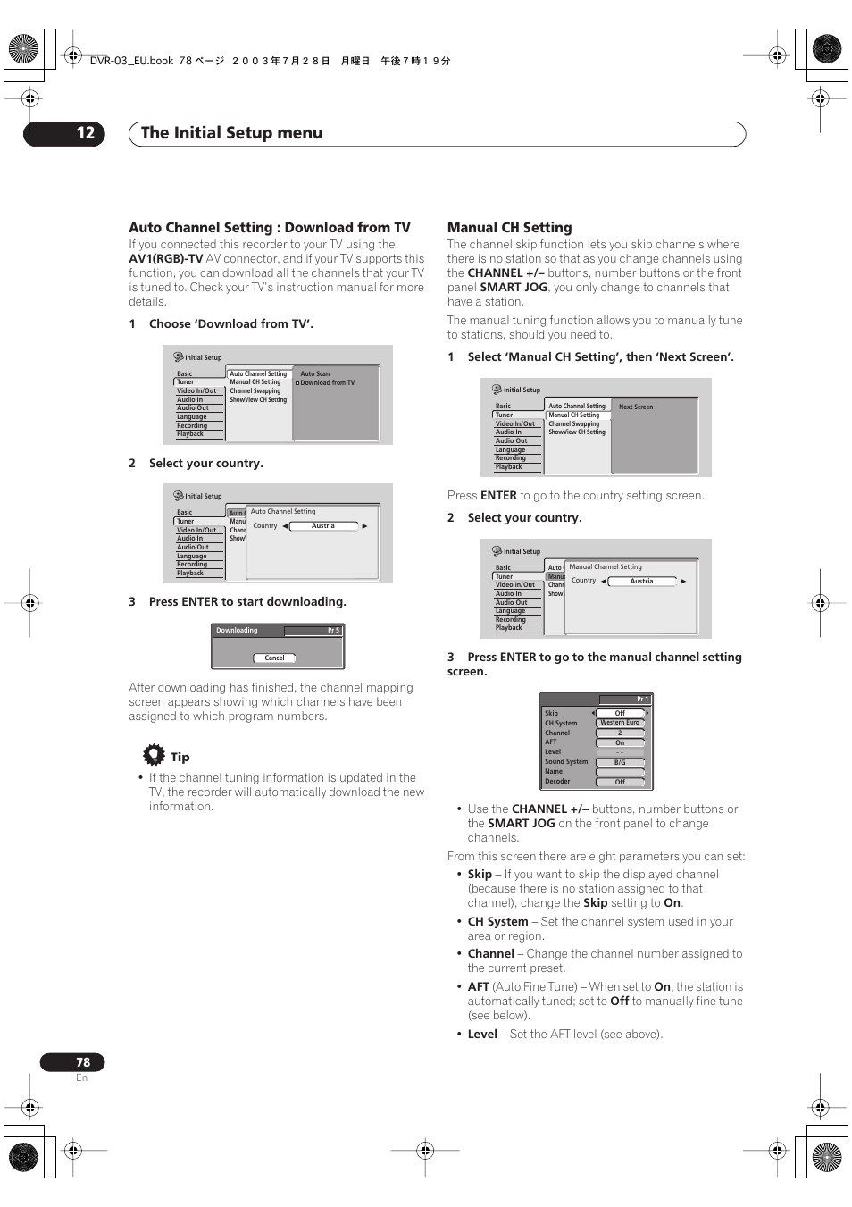The initial setup menu 12, Auto channel setting : download from tv, Manual ch setting | Pioneer DVR-3100 User Manual | Page 78 / 108