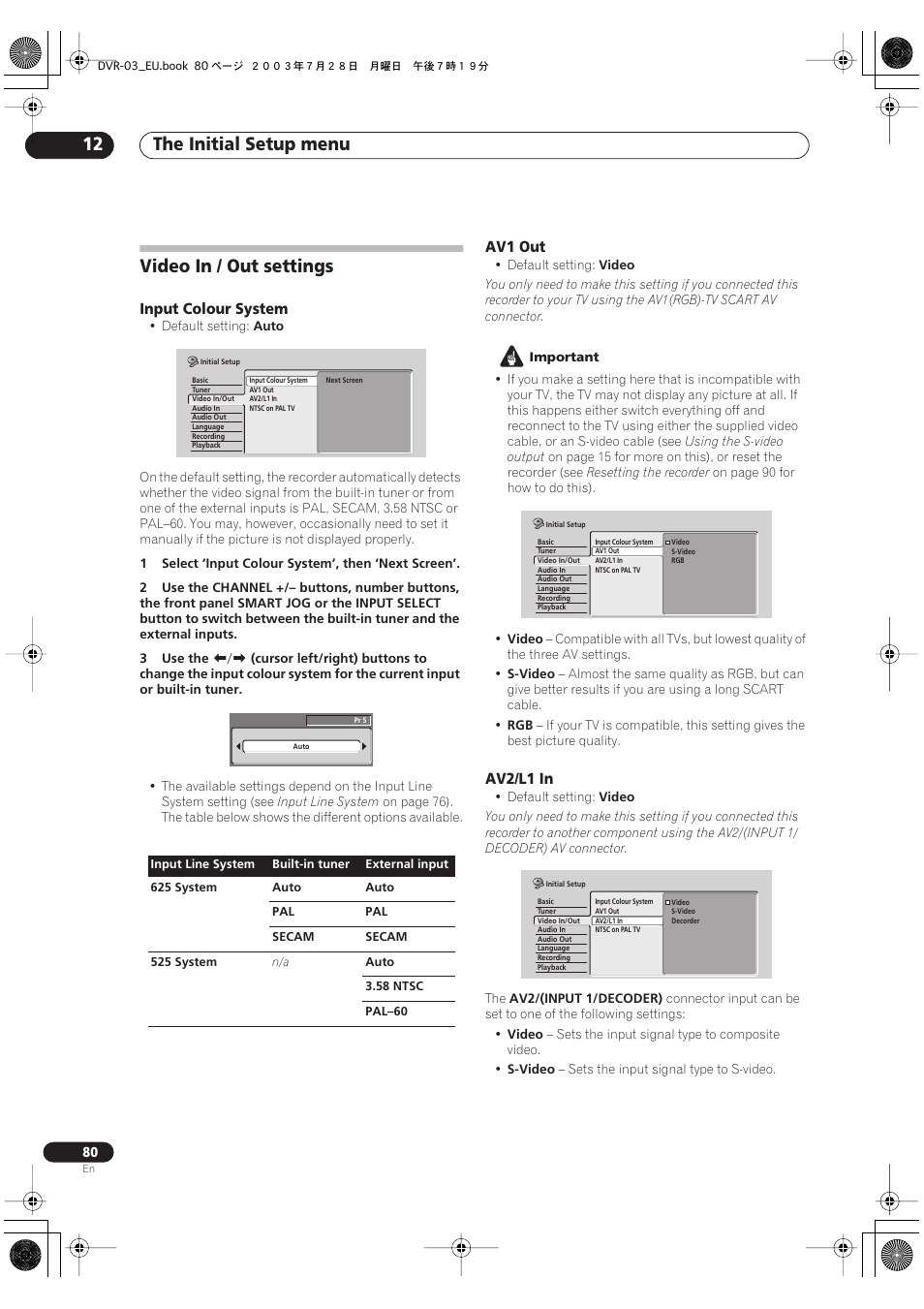 Video in / out settings, The initial setup menu 12 | Pioneer DVR-3100 User Manual | Page 80 / 108