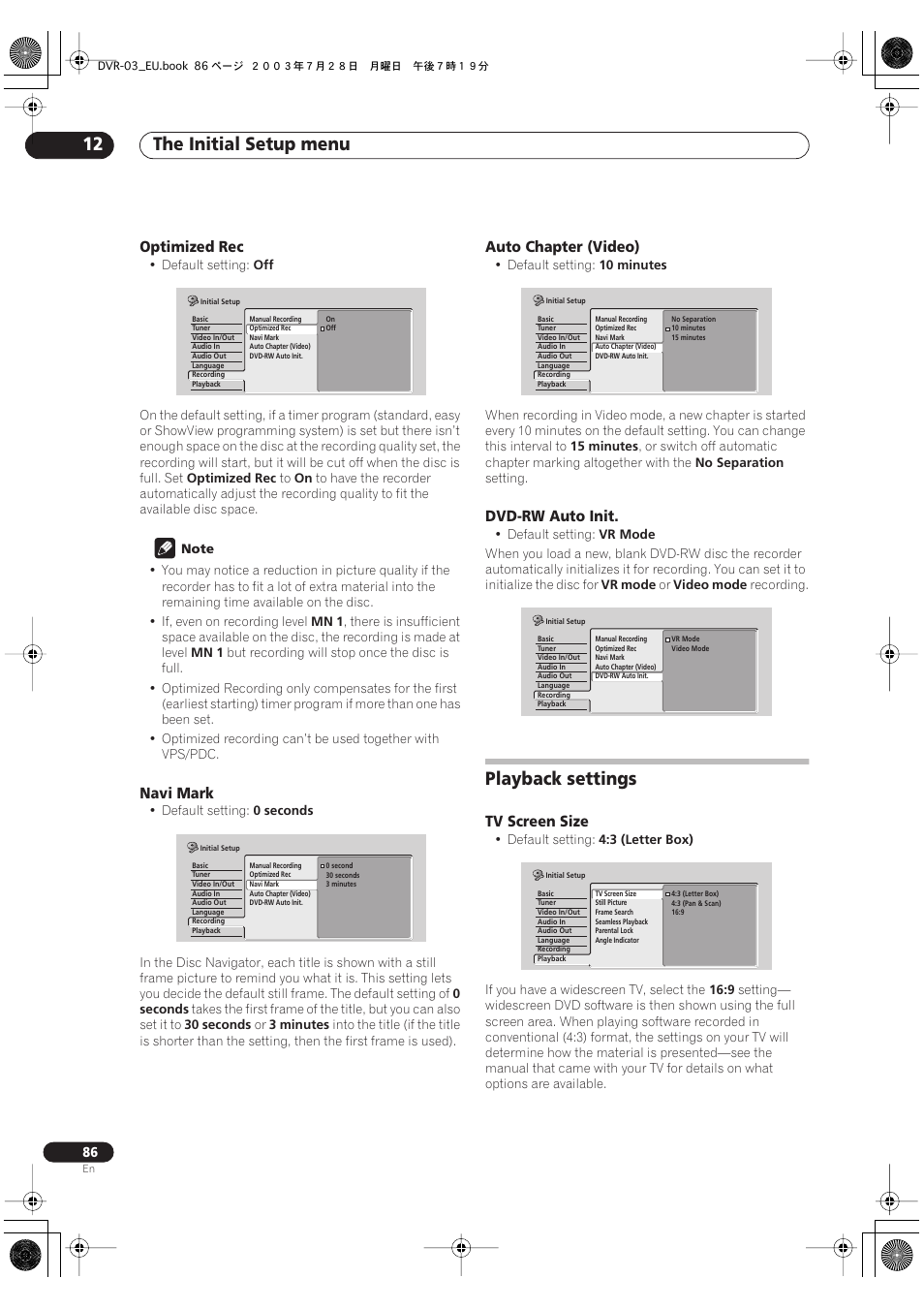 Playback settings, The initial setup menu 12 | Pioneer DVR-3100 User Manual | Page 86 / 108