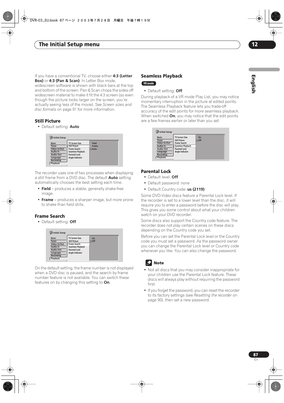 The initial setup menu 12 | Pioneer DVR-3100 User Manual | Page 87 / 108