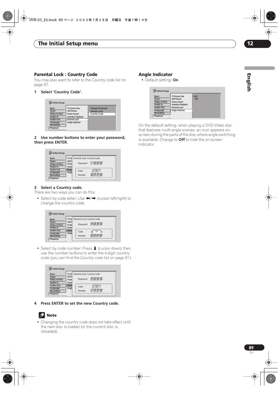 The initial setup menu 12, English, Parental lock : country code | Angle indicator | Pioneer DVR-3100 User Manual | Page 89 / 108