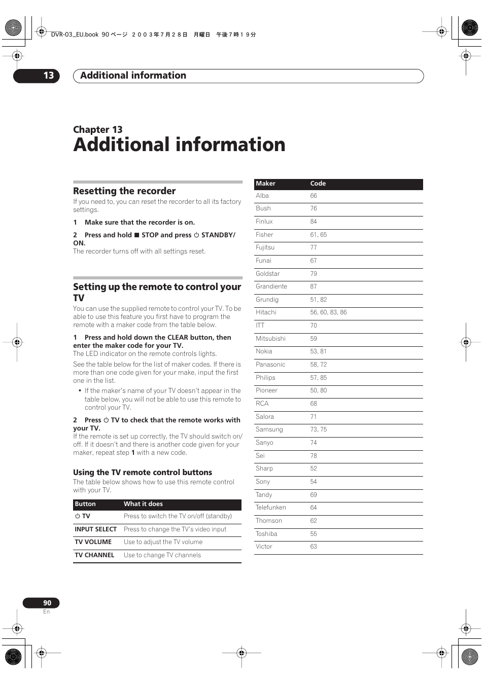 13 additional information, Resetting the recorder, Setting up the remote to control your tv | Additional information, Additional information 13, Chapter 13 | Pioneer DVR-3100 User Manual | Page 90 / 108