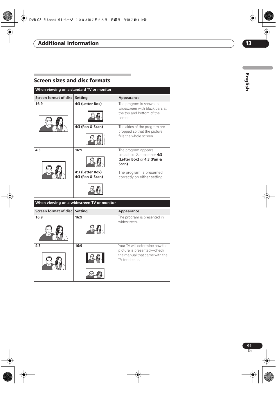 Screen sizes and disc formats, Additional information 13 | Pioneer DVR-3100 User Manual | Page 91 / 108