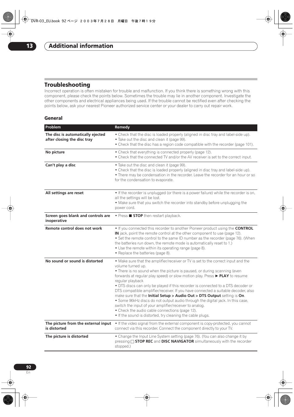 Troubleshooting, Additional information 13, General | Pioneer DVR-3100 User Manual | Page 92 / 108