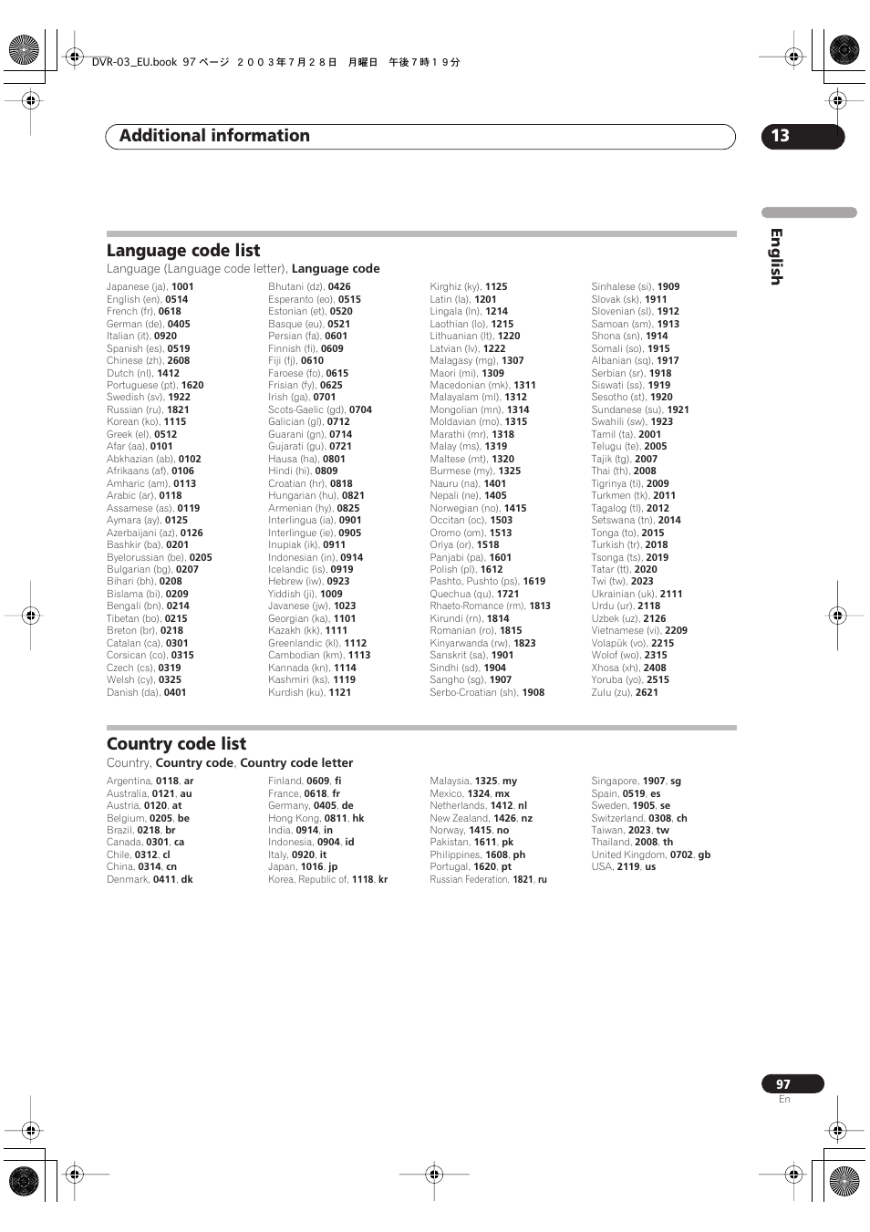 Language code list, Country code list, Additional information 13 | English | Pioneer DVR-3100 User Manual | Page 97 / 108