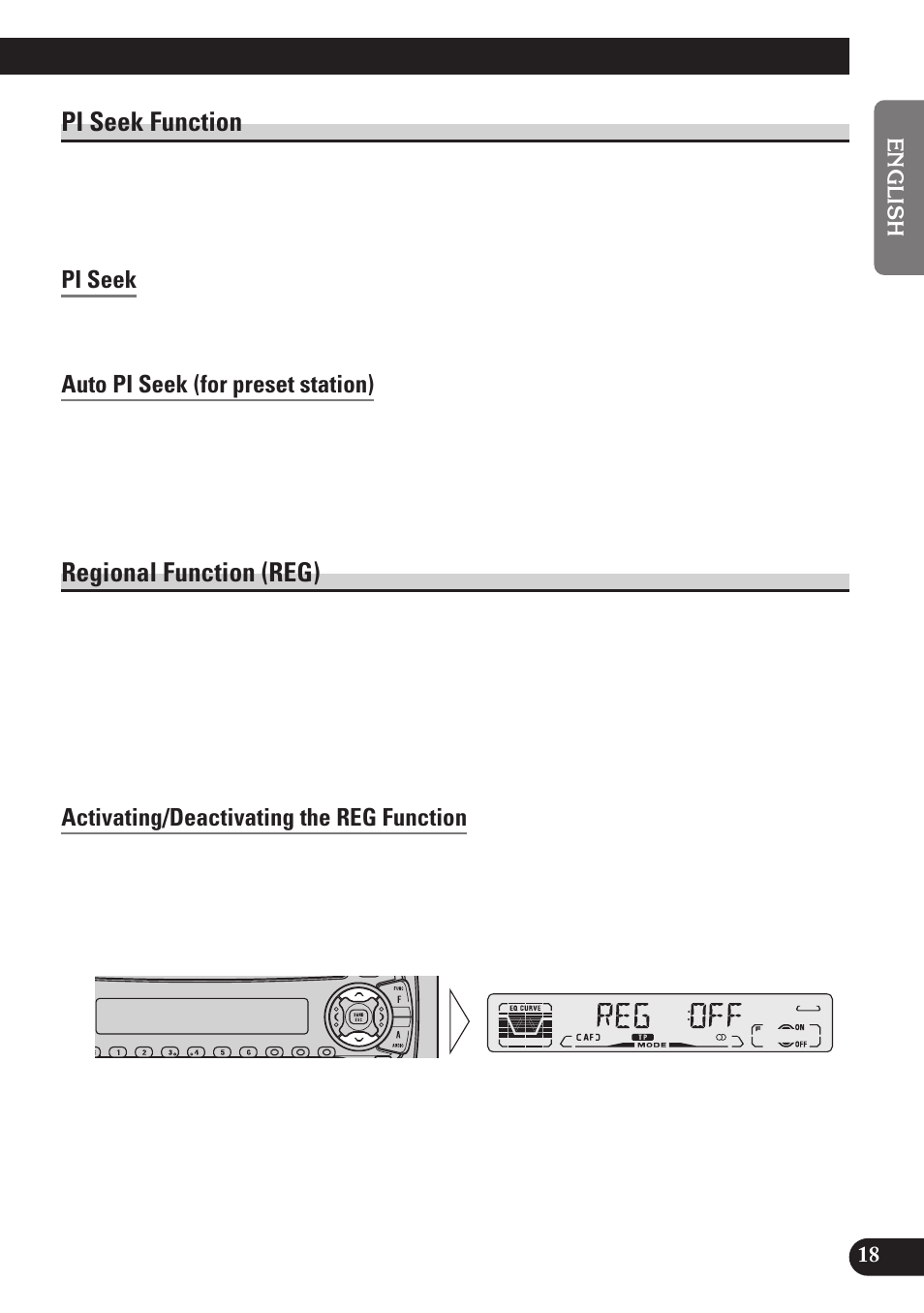 Pi seek function, Pi seek, Auto pi seek (for preset station) | Regional function (reg), Activating/deactivating the reg function | Pioneer DEH-P4100R User Manual | Page 19 / 100