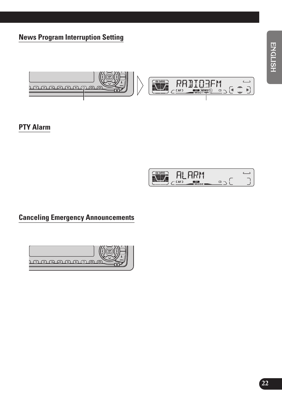 News program interruption setting, Pty alarm, Canceling emergency announcements | Pioneer DEH-P4100R User Manual | Page 23 / 100