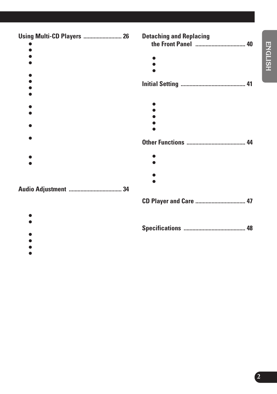 Using multi-cd players, Audio adjustment, Detaching and replacing the front panel | Initial setting, Other functions, Cd player and care | Pioneer DEH-P4100R User Manual | Page 3 / 100