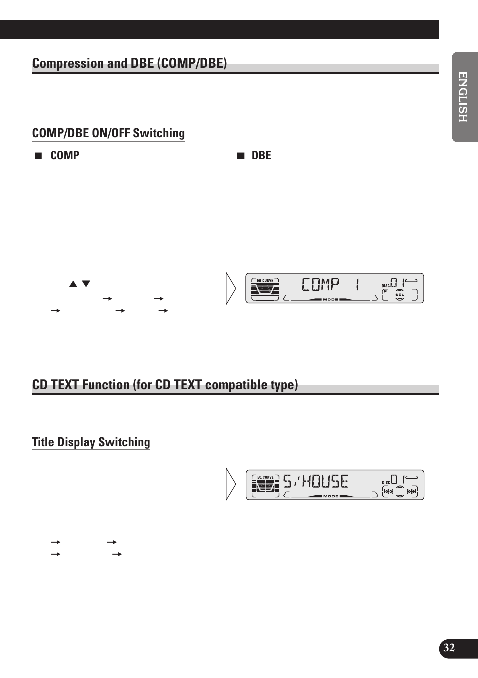 Compression and dbe (comp/dbe), Comp/dbe on/off switching, Cd text function | For cd text compatible type), Title display switching, Cd text function (for cd text compatible type) | Pioneer DEH-P4100R User Manual | Page 33 / 100