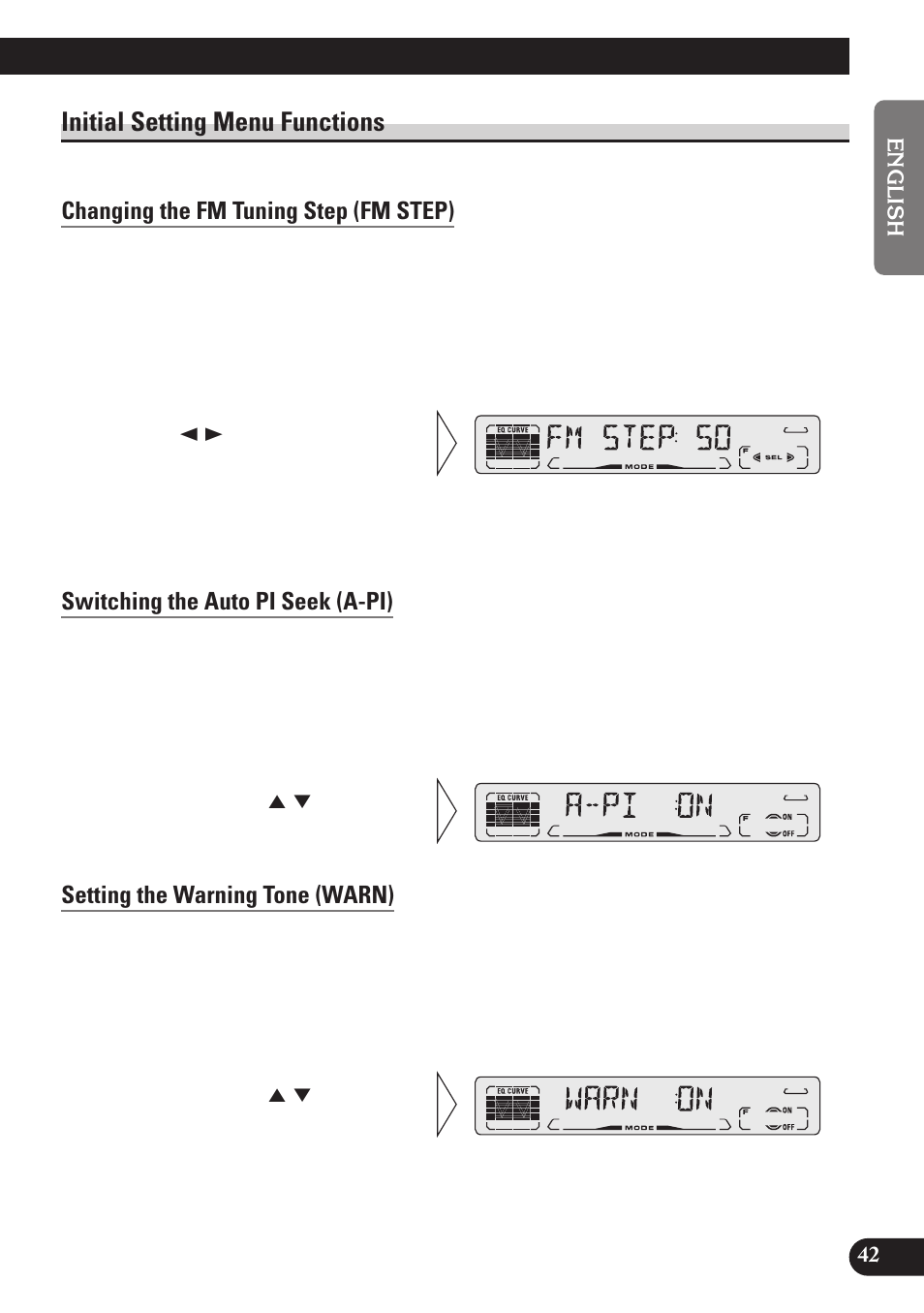 Initial setting menu functions, Changing the fm tuning step (fm step), Switching the auto pi seek (a-pi) | Setting the warning tone (warn) | Pioneer DEH-P4100R User Manual | Page 43 / 100